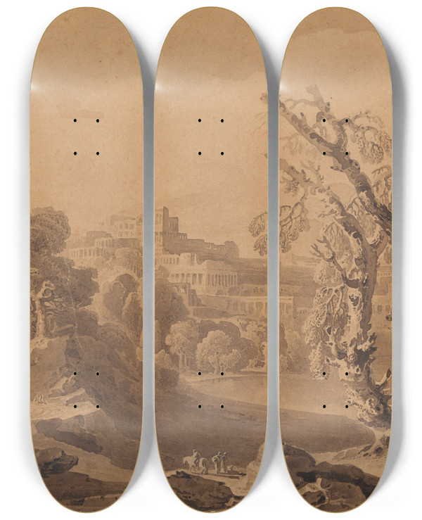 Triptych art skateboard deck of John Martin Classical City In Landscape by John Martin (1789-1854)