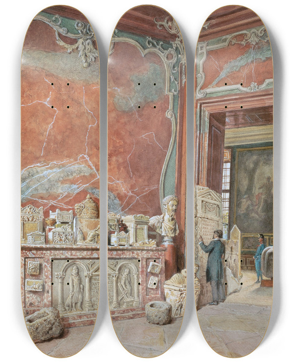 Triptych art skateboard deck of Carl Goebel The Younger Das Marmorkabinett Mit Den Antiken by Carl Goebel The Younger (1824-1899)