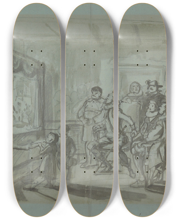 Triptych art skateboard deck of Wilhelm Marstrand Don Quixote And Others Attending Master Peters Puppet Show by Wilhelm Marstrand (1810-1873)