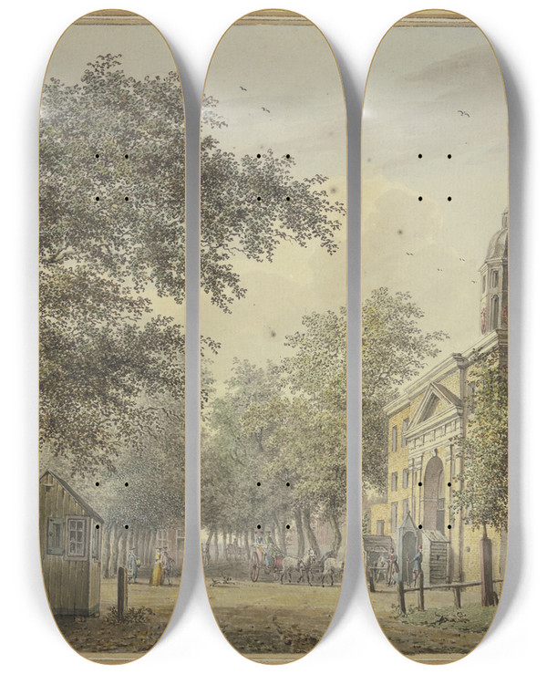 Triptych art skateboard deck of Hermanus Petrus Schouten Gezigt Langs De Utregse Poord Na De Hoogensluys Tot Amsterdam by Hermanus Petrus Schouten (1747-1822)