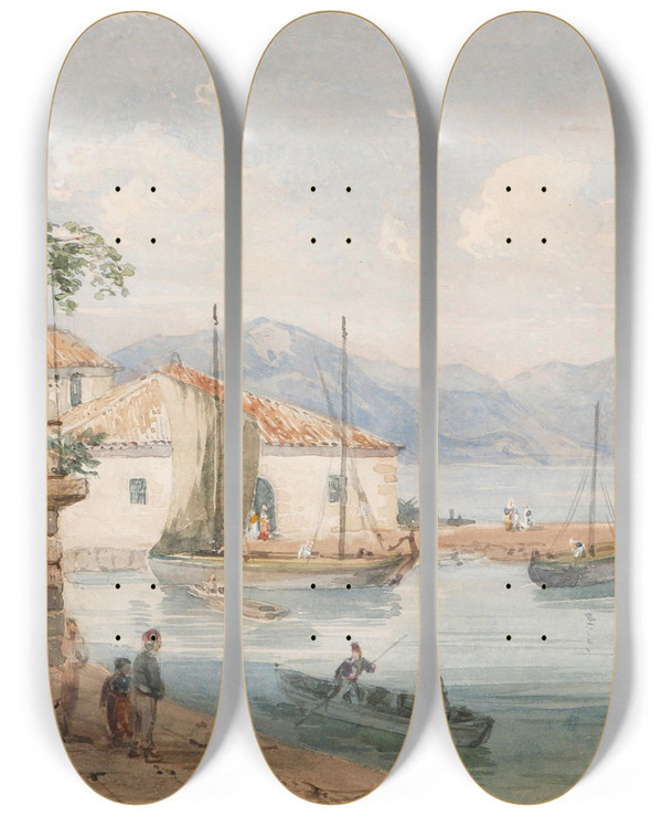 Triptych art skateboard deck of Josef Hger Gardasee by Josef Hoger (1801-1877)