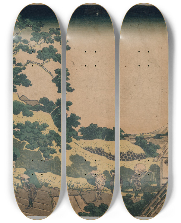 Triptych art skateboard deck of Katsushika Hokusai Fuji From Surugadai In Yedo by Katsushika Hokusai (1760-1849)