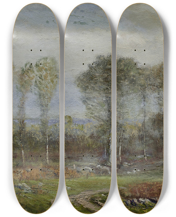 Triptych art skateboard deck of Dwight W Tryon Morning In September by Dwight W. Tryon (1849-1925)