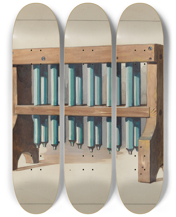 Triptych art skateboard deck of Charles Caseau Rack With Candle Molds by Charles Caseau (1880)