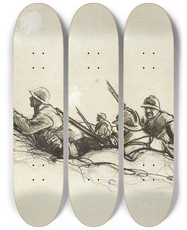 Triptych art skateboard deck of Georges Goursat Sem Dans La Tranche by Georges Goursat (Sem) (1863-1934)