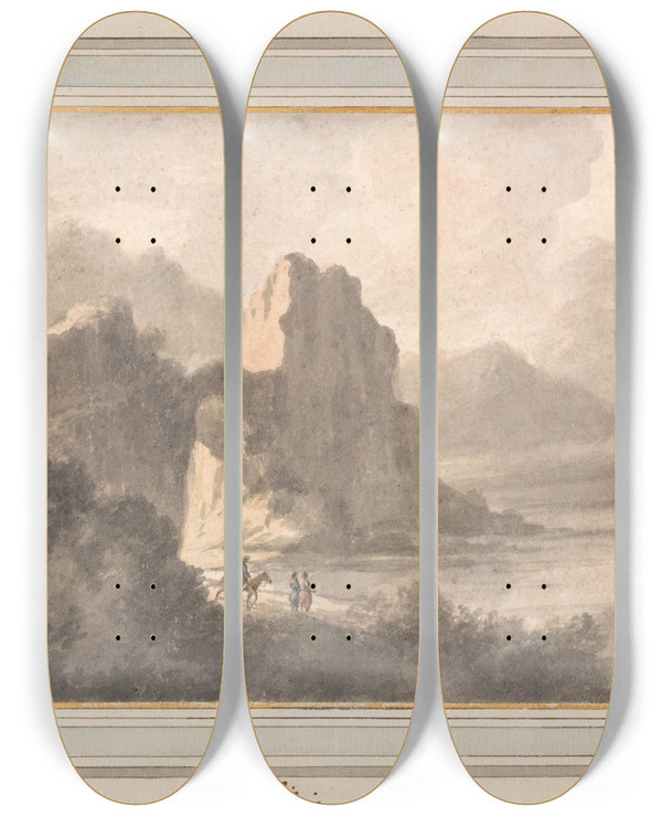 Triptych art skateboard deck of Robert Adam Figures In A Rocky Romantic Landscape by Robert Adam (1728-1792)