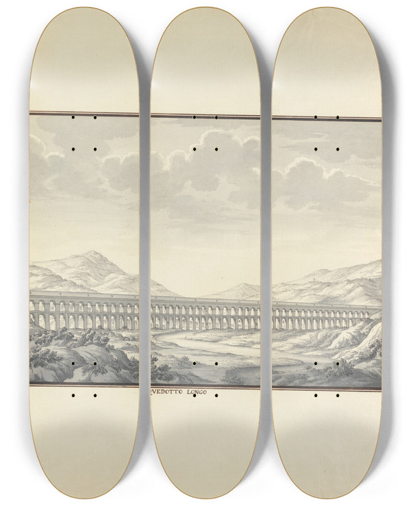 Triptych art skateboard deck of Giovanni Battista Borra View Of A Long Aqueduct by Giovanni Battista Borra (1713-1770)