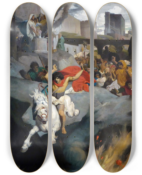 Triptych art skateboard deck of Jeanlon Grme The Leap Of Marcus Curtius by Jean-Lon Grme (1824-1904)
