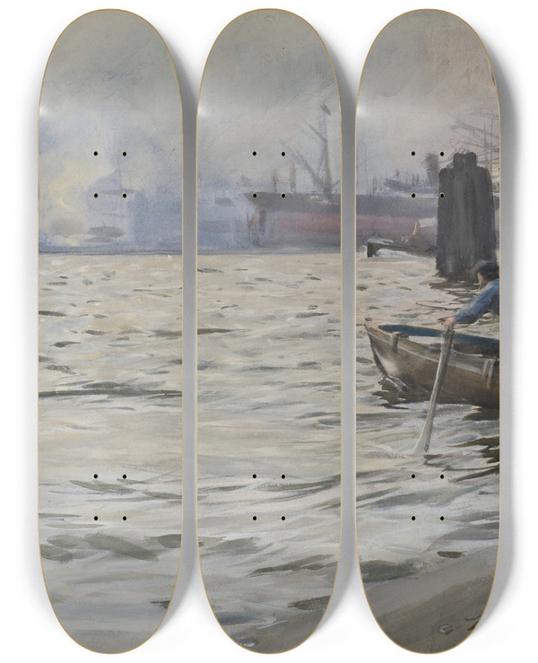 Triptych art skateboard deck of Anders Zorn The Port Of Hamburg by Anders Zorn (1860-1920)