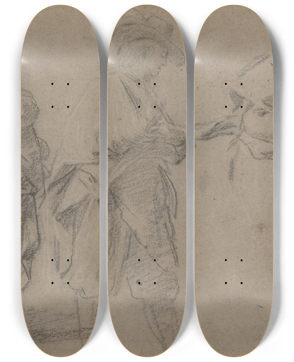Triptych art skateboard deck of Eustache Le Sueur A Judge And Two Gentlemen Lawyers by Eustache Le Sueur (1616-1655)