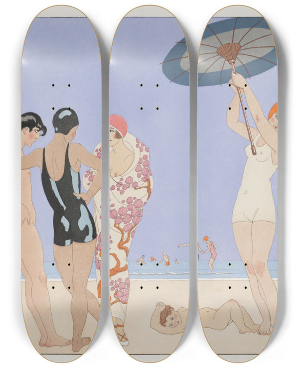 Triptych art skateboard deck of George Barbier Au Lido_2 by George Barbier (1882-1932)