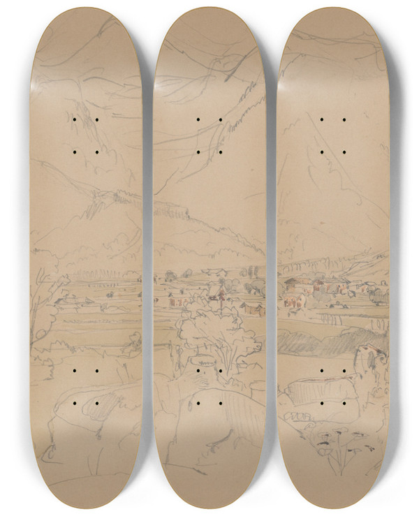 Triptych art skateboard deck of Jan Nowopack Mountain Village by Jan Nowopacky
