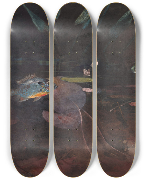 Triptych art skateboard deck of Winslow Homer Mink Pond by Winslow Homer (1836-1910)