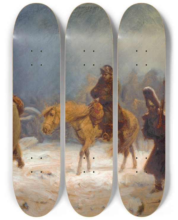 Triptych art skateboard deck of Adolf Northen Napoleons Retreat From Russia by Adolf Northen (1828-1876)