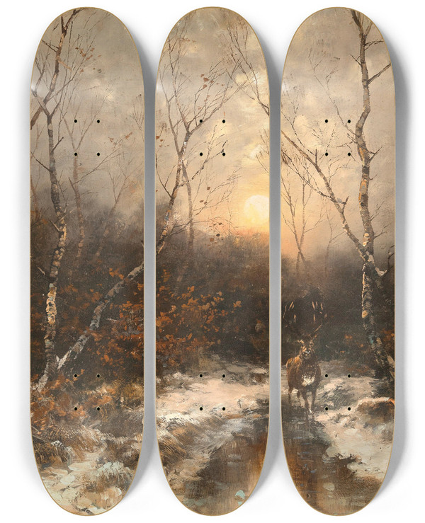 Triptych art skateboard deck of Dsire Thomassin A Deer In A Forest By Moonlight by Desire Thomassin