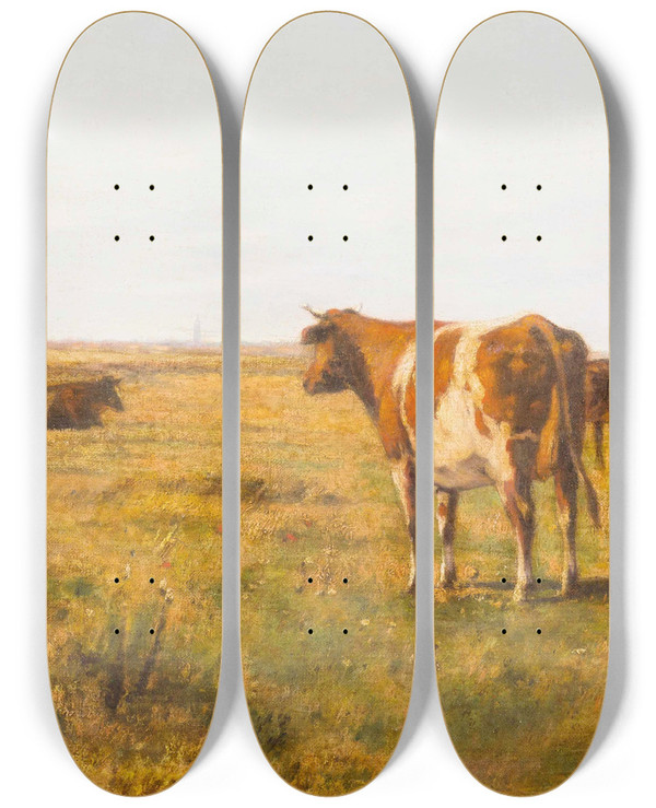 Triptych art skateboard deck of Eugen Jettel Rinder Auf Sommerwiese by Eugen Jettel (1845-1901)