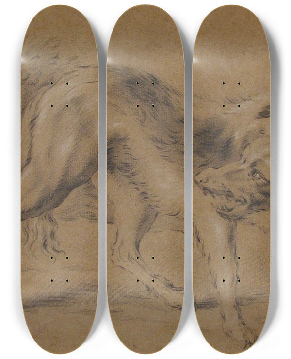 Triptych art skateboard deck of Jeanbaptiste Oudry Angry Dog by Jean-Baptiste Oudry (1686-1755)