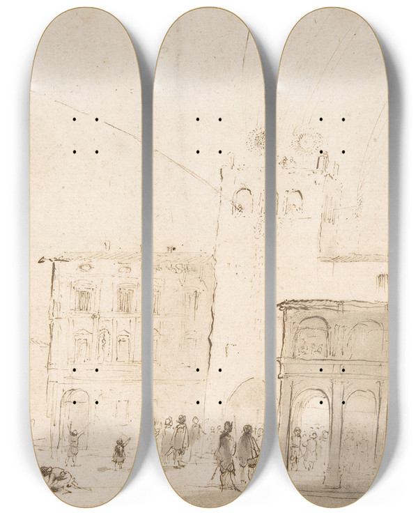 Triptych art skateboard deck of Guercino Fireworks In A Piazza by Guercino (1591-1666)