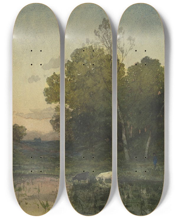 Triptych art skateboard deck of Henrijoseph Harpignies Evening Light On A Wooded Lakeside With Cattle Drinking by Henri Joseph Harpignies (1819-1916)