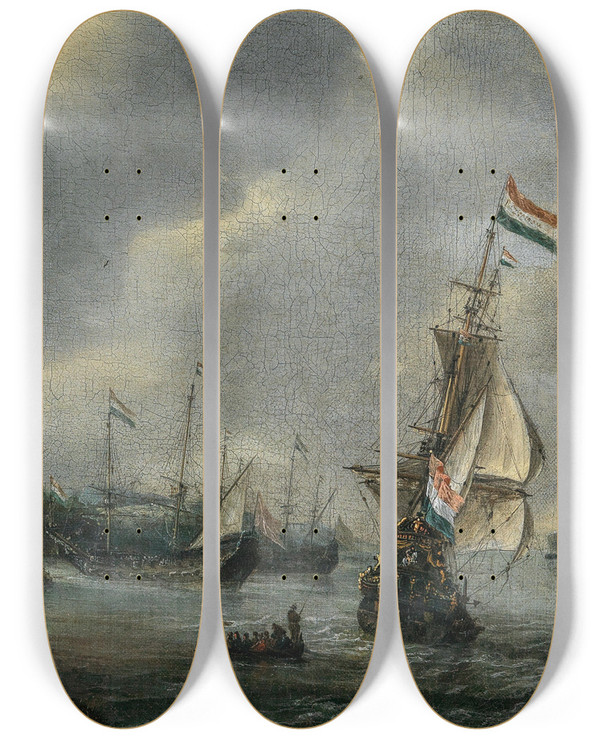 Triptych art skateboard deck of Reinier Nooms Ships Entering A Harbour by Reinier Nooms (1623-1667)