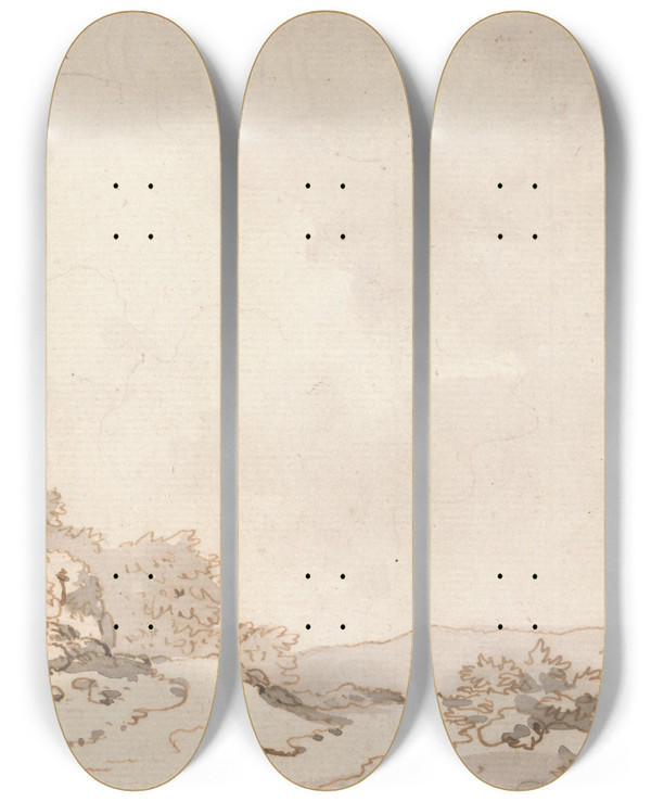 Triptych art skateboard deck of Philip James De Loutherbourg A Path On A Hilltop by Philip James De Loutherbourg (1740-1812)