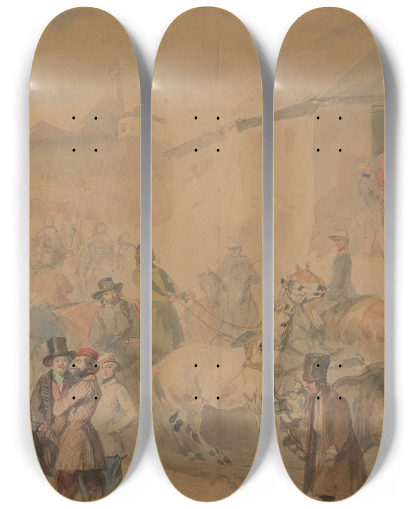 Triptych art skateboard deck of Piotr Michaowski Fair In Mociska by Piotr Michalowski (1800-1855)