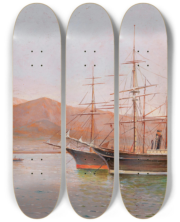 Triptych art skateboard deck of Philip Philippovich Klimenko Motif Of A Crimean Port by Philip Philippovich Klimenko (1862-1917)