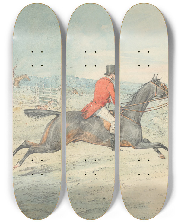 Triptych art skateboard deck of Henry Thomas Alken Rider On A Brown Horse Going At A Wall by Henry Thomas Alken (1785-1851)