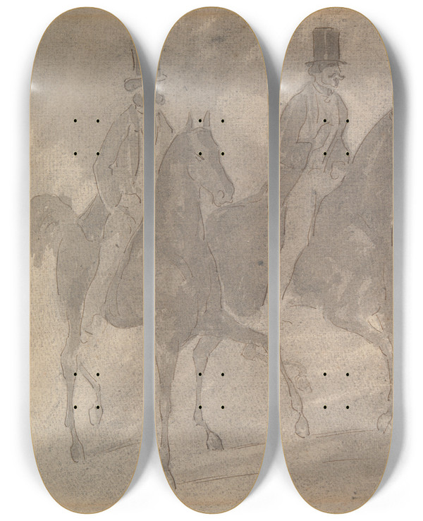 Triptych art skateboard deck of Constantin Guys Horsedrawn Carriages Riding In Apark by Constantin Guys (1805-1892)