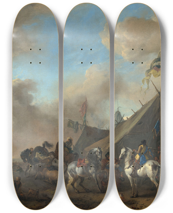 Triptych art skateboard deck of Philips Wouwerman Army Camp by Philips Wouwerman (1619-1668)