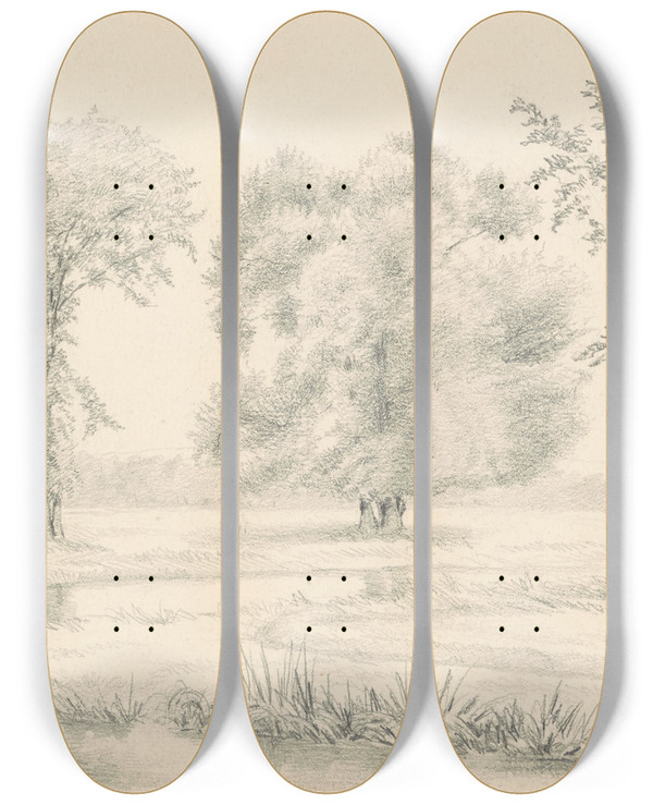 Triptych art skateboard deck of James Wells Champney Landscape With Three Trees by James Wells Champney (1843-1903)