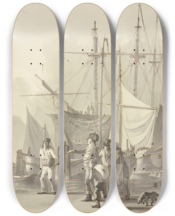 Triptych art skateboard deck of Leendert De Koningh Am Strand Liegen Viele Schiffe Ein Schiffskapitn In Uniform Geht Nach Links Mit Mehreren Personen Und Einem Hund by Leendert de Koningh (1777-1849)