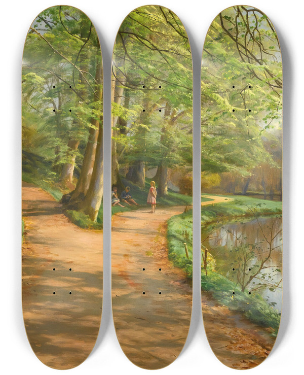 Triptych art skateboard deck of Peder Mrk Mnsted Children By A Stream by Peder Mork Monsted (1859-1941)