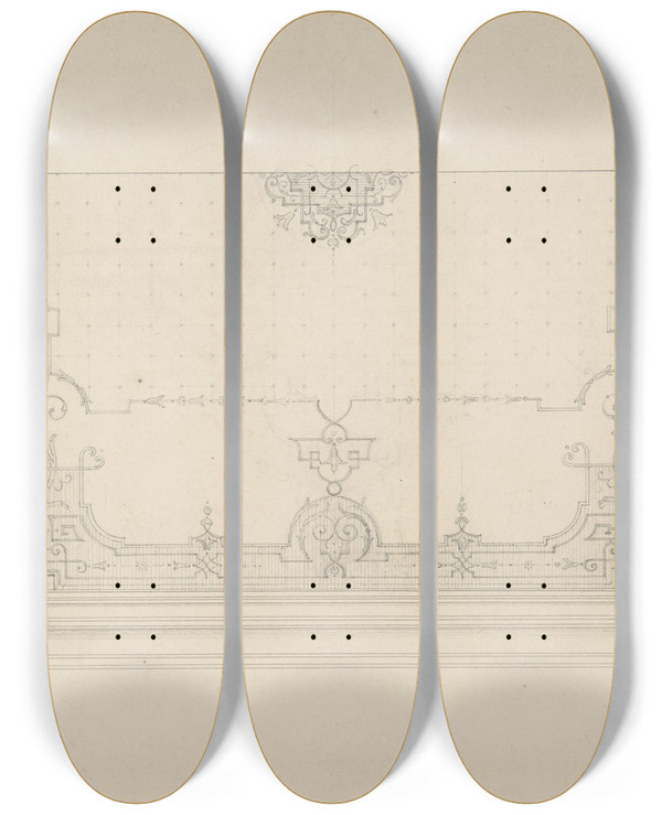 Triptych art skateboard deck of Julesedmondcharles Lachaise Design For The Decoration Of A Wiling With Strapwork And Rinceaux by Jules-Edmond-Charles Lachaise (1897)
