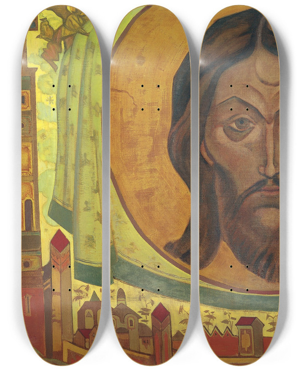 Triptych art skateboard deck of Nicholas Roerich And We See by Nicholas Roerich (1874-1947)