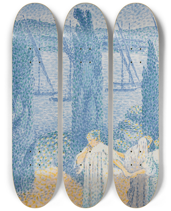 Triptych art skateboard deck of Henriedmond Cross The Promenade Landscape With Cypresses by Henri-Edmond Cross (1856-1910)
