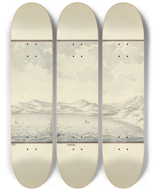 Triptych art skateboard deck of Giovanni Battista Borra View Of Samos by Giovanni Battista Borra (1713-1770)