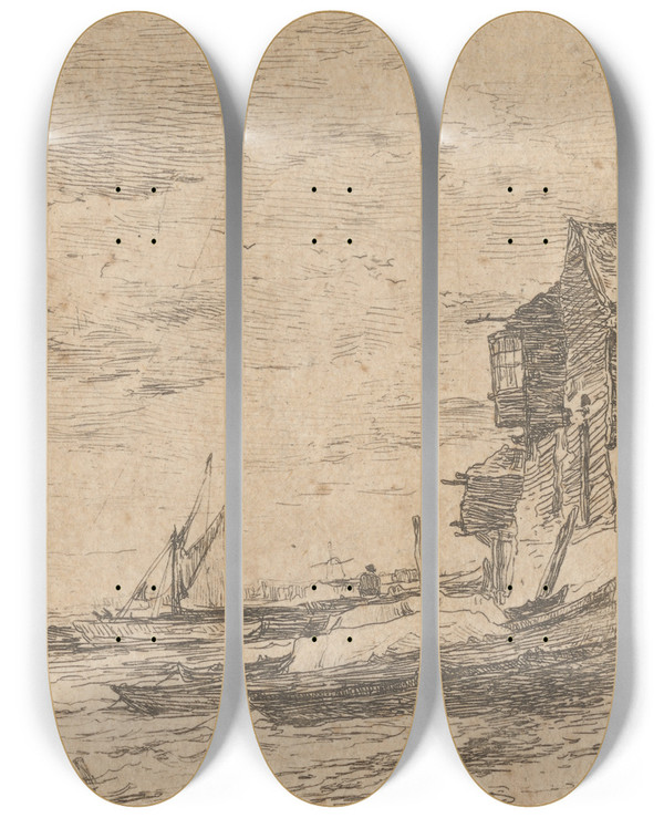Triptych art skateboard deck of Charles Golding Constable Coastal Scene by Charles Golding Constable