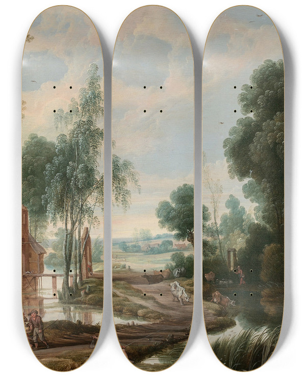 Triptych art skateboard deck of Jan Wildens Paysage Fluvial Anim De Personnages by Jan Wildens (1586-1653)