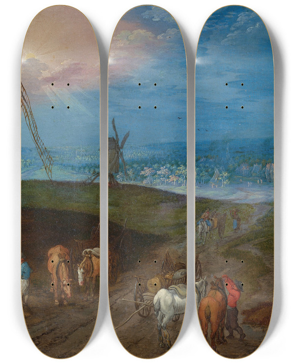 Triptych art skateboard deck of Jan Brueghel The Younger An Extensive Landscape With Travelers Before A Windmill by Jan Brueghel the Younger (1601-1678)