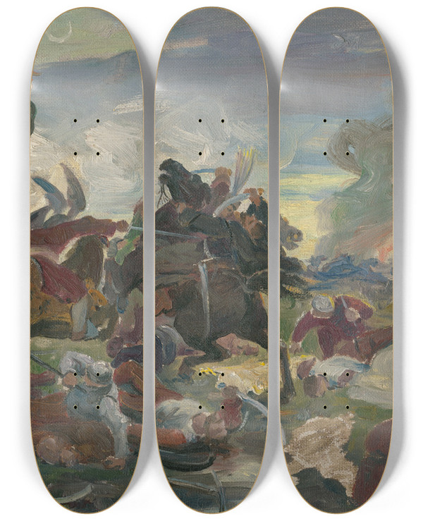 Triptych art skateboard deck of Jozef Hanula The Death Of Tomory In The Battle Of Mohcs by Jozef Hanula (1863-1944)