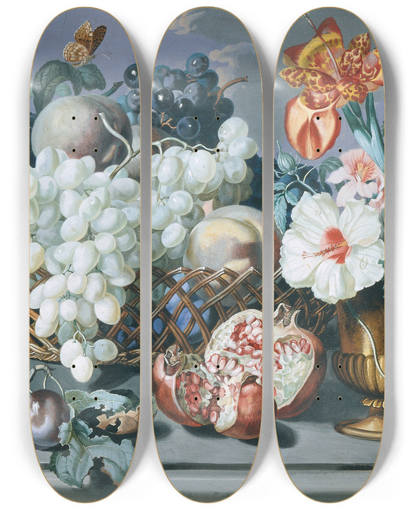 Triptych art skateboard deck of Eduard Hirschler Blumen Und Frchte_1 by Eduard Hirschler (1828-1891)