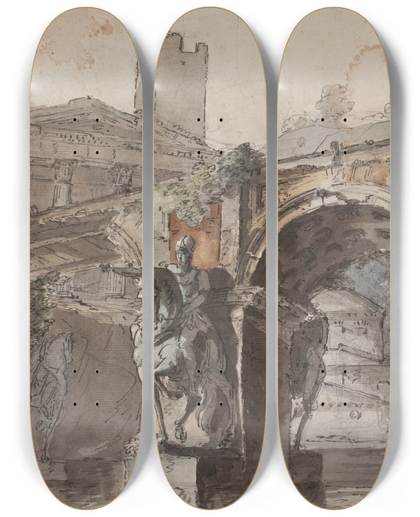 Triptych art skateboard deck of Jens Petersen Lund Romersk Prospekt Med Bro Tempelruin Og Rytterstatue by Jens Petersen Lund (1731-1794)