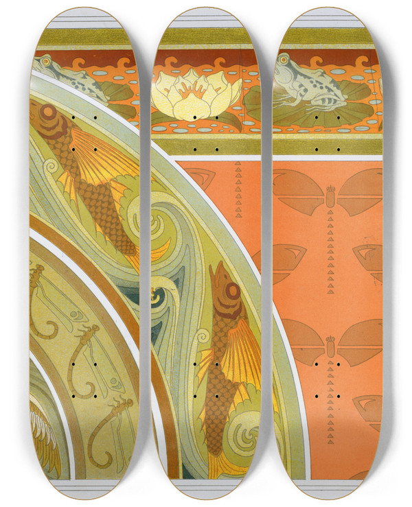 Triptych art skateboard deck of Maurice Pillard Verneuil Grenouilles Et Nnuphars Bordure Libellules Pochoir Poissons Volants Libellules Bordures Milan Et Rat by Maurice Pillard Verneuil (1869-1942)