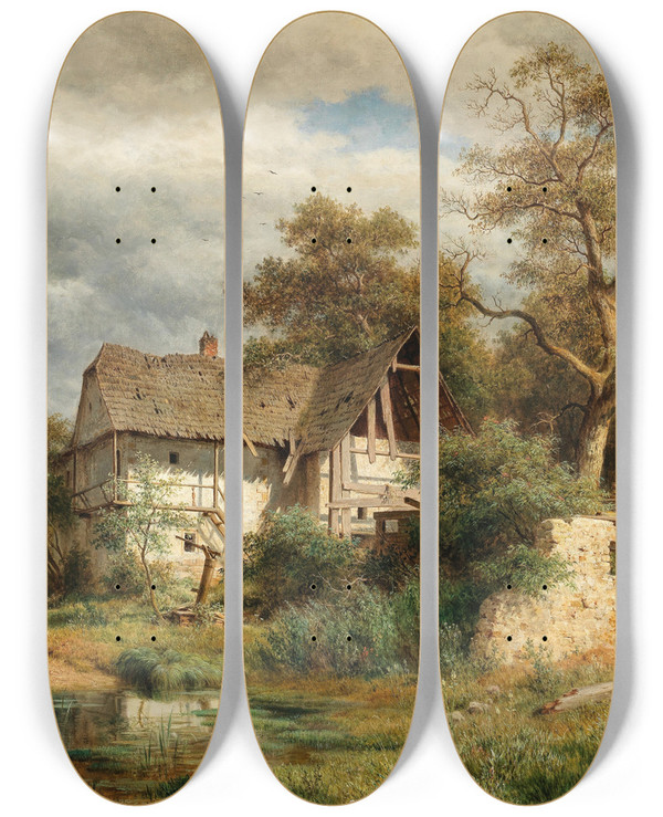 Triptych art skateboard deck of Ludwig Halauska A Dilapidated Farmyard In The Laabach Valley Near Kaumberg by Ludwig Halauska (1827-1882)
