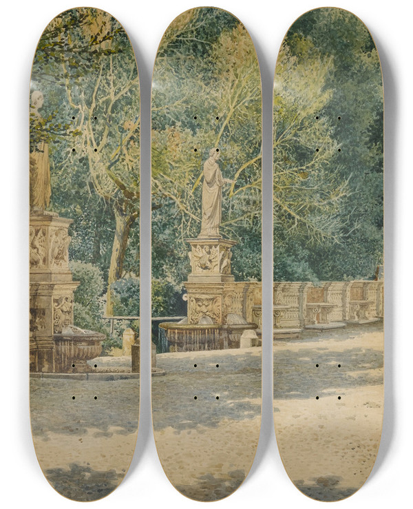Triptych art skateboard deck of Josef Theodor Hansen Terrace In The Gardens Of The Villa Borghese Rome by Josef Theodor Hansen (1848-1912)