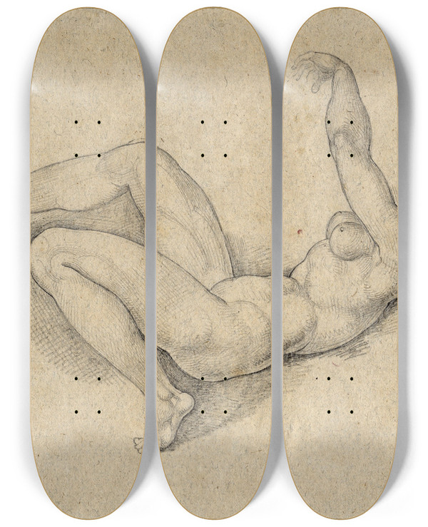 Triptych art skateboard deck of David Humbert De Superville Vrouwelijk Naakt Op De Rug Liggend Met Geheven Arm by David Humbert De Superville (1770-1849)