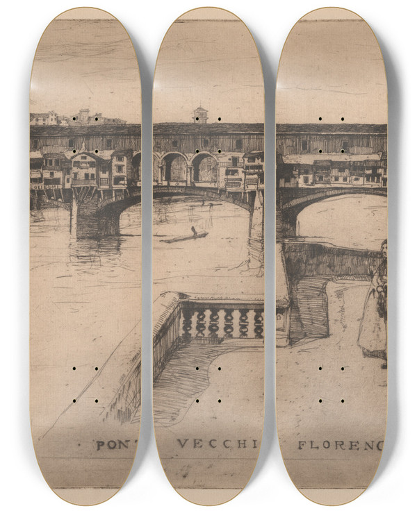 Triptych art skateboard deck of David Young Cameron Ponte Vecchio by David Young Cameron (1865-1945)
