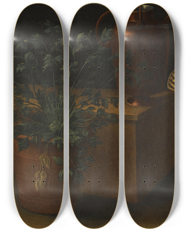 Triptych art skateboard deck of Rodolfo Lodi A Still Life With Two Wicker Covered Glass Bottles A Jug A Selection Of Other Pots And An Herbaceous Plant by Rodolfo Lodi (17-)