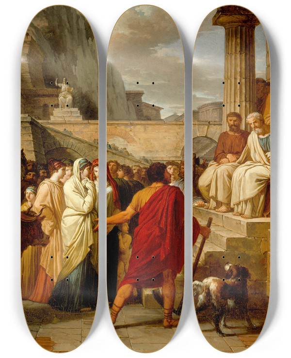 Triptych art skateboard deck of Jean Pierre Saintours Caius Furius Cressinus Accused Of Sorcery by Jean Pierre Saint-Ours (1752-1809)